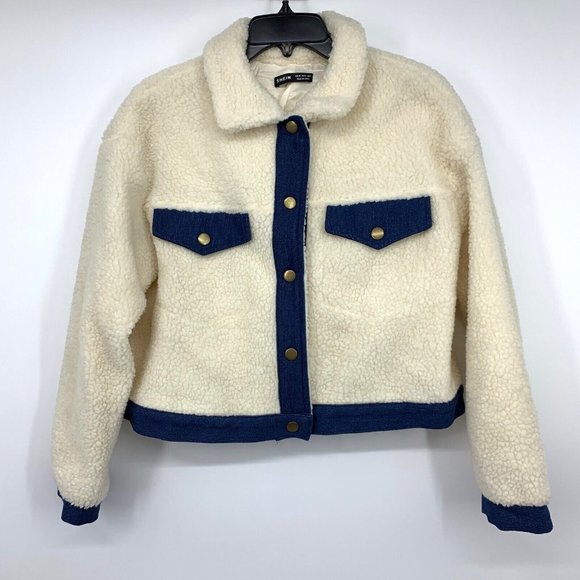 Shein Jacket Faux Shearling Button Front Beige Blue Contrast - Picture 2 of 11